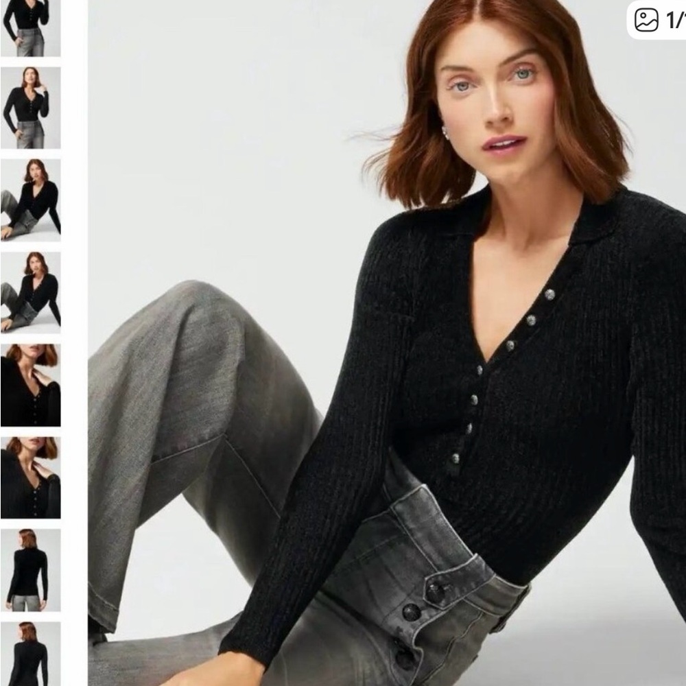 White House Black Market Ribbed Knit Polo Cardigan Sweater Black XS Rhinestone E